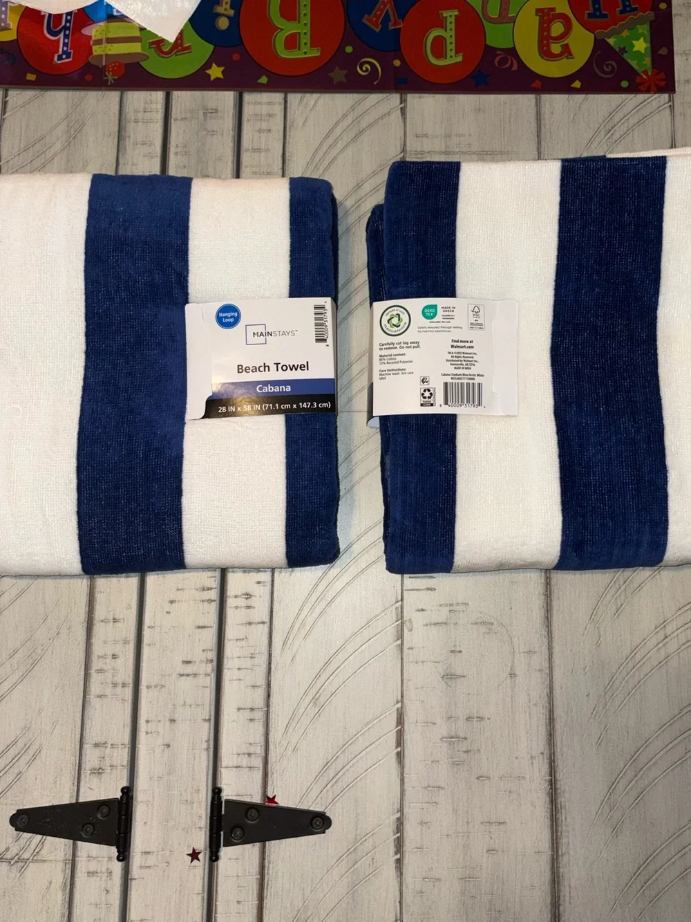 2-Mainstays Cabana Striped Cotton Beach Towel w/ Hanging Loop Blue/White 28x58